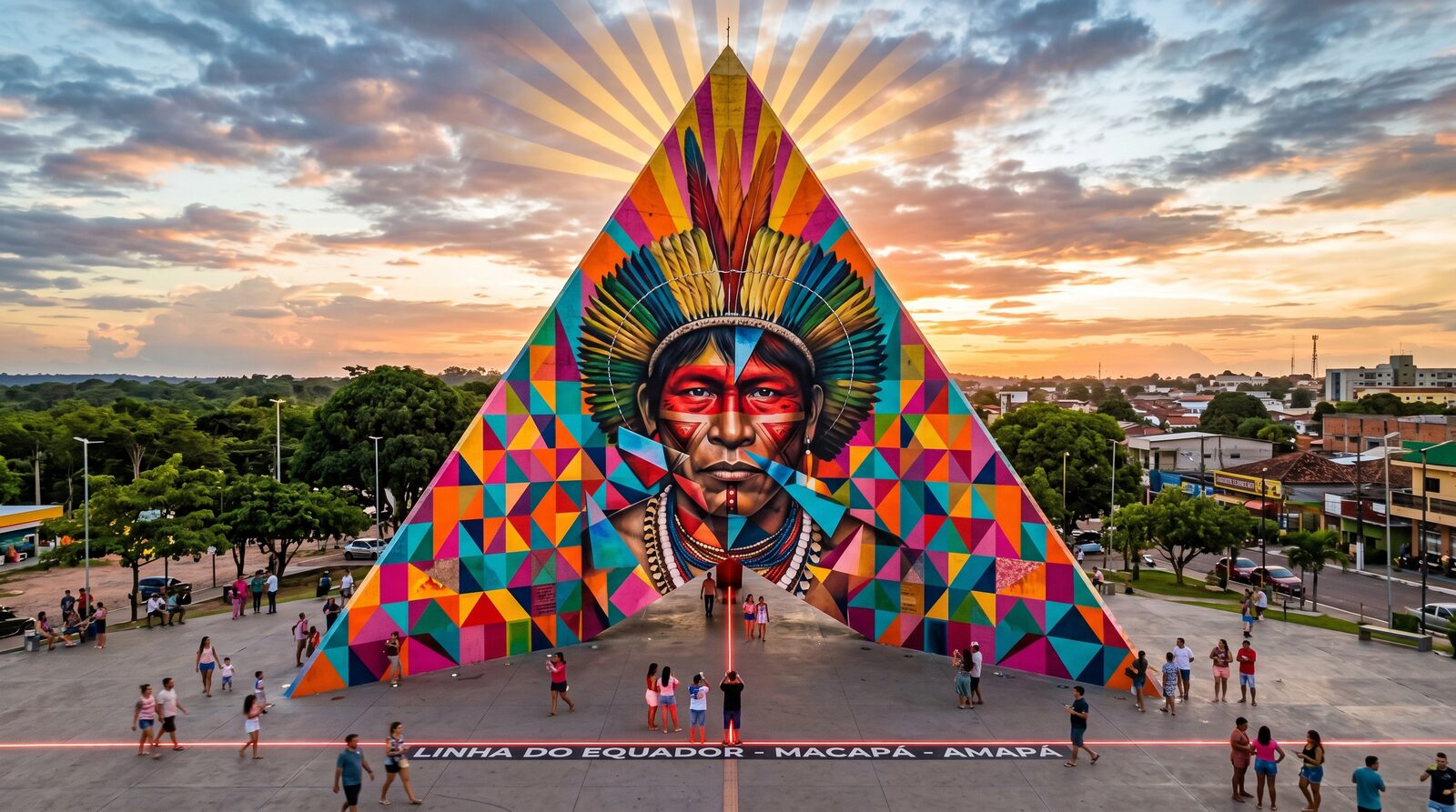 Mockup conceitual de mural Kobra envolvendo o Monumento Marco Zero do Equador em Macapá