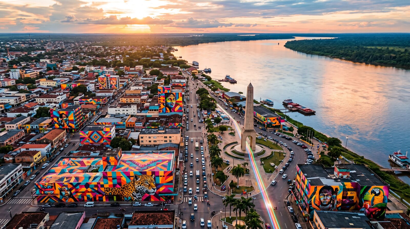 Vista aérea de Macapá com múltiplos murais Kobra