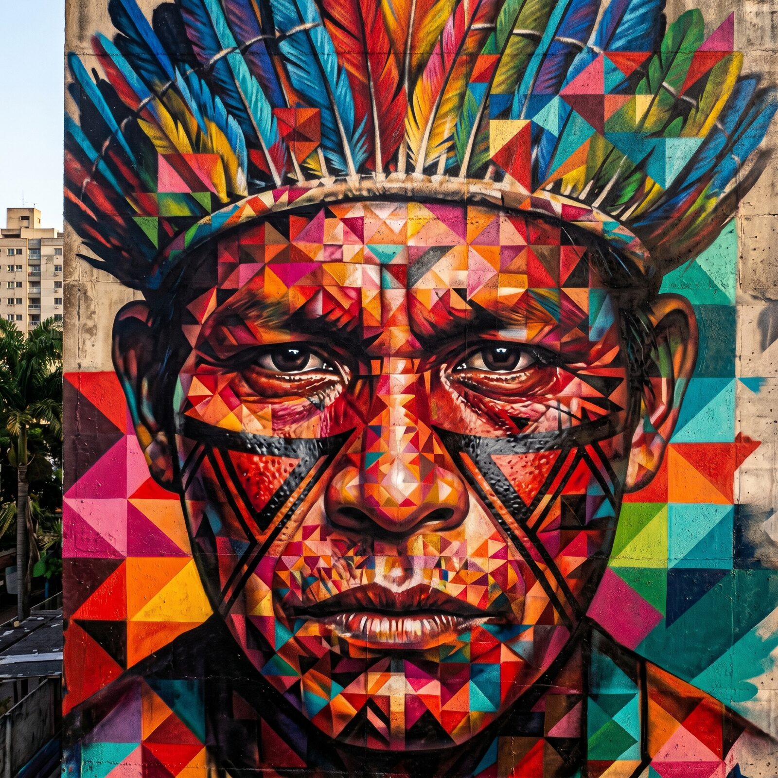 Detalhe do estilo Kobra: rosto Wajãpi fragmentado em mosaico geométrico colorido